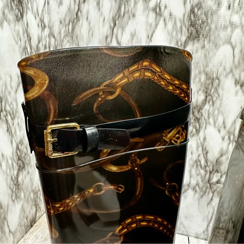 Ralph Lauren Black Gold Chain Horse Tack Pattern Rubber Rain Boots Farmcore